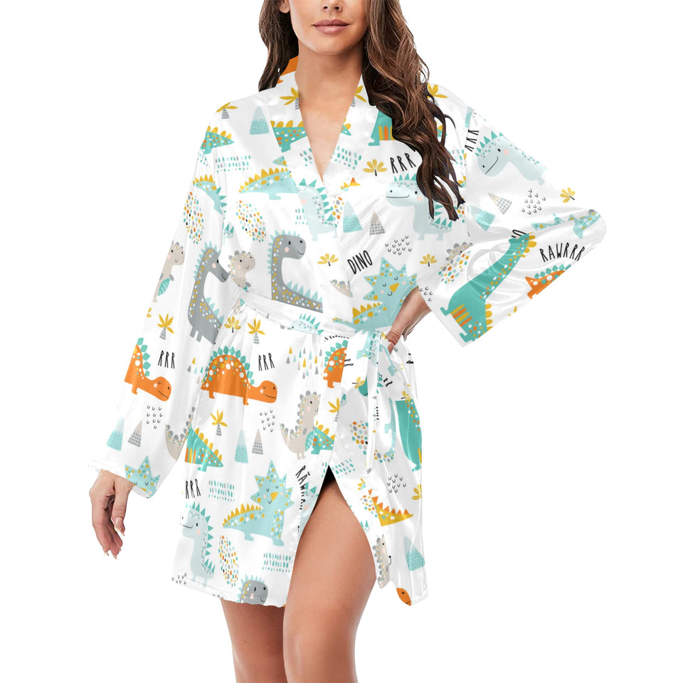 Cute funny kids dinosaurs pattern Women's Long Sleeve Belted Night Robe