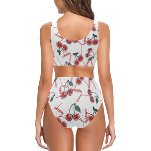 Hand drawn cherry pattern Chest Bowknot High Waisted Bikini Swimsuit