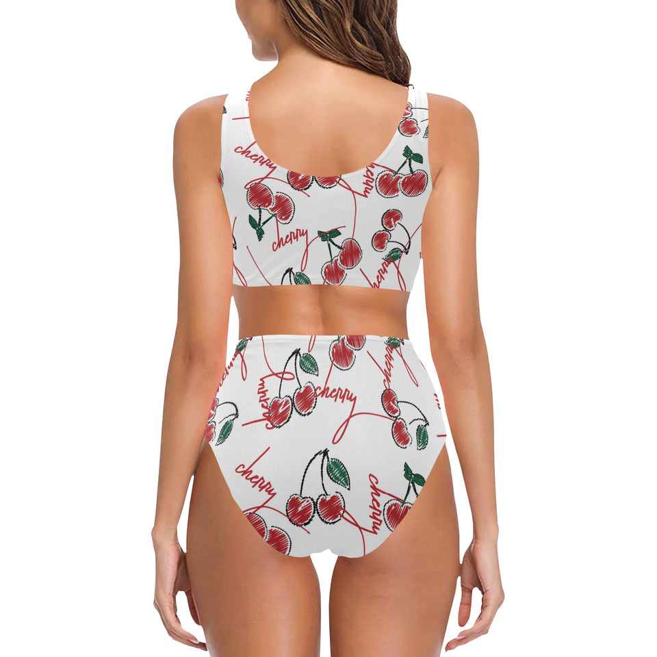 Hand drawn cherry pattern Chest Bowknot High Waisted Bikini Swimsuit