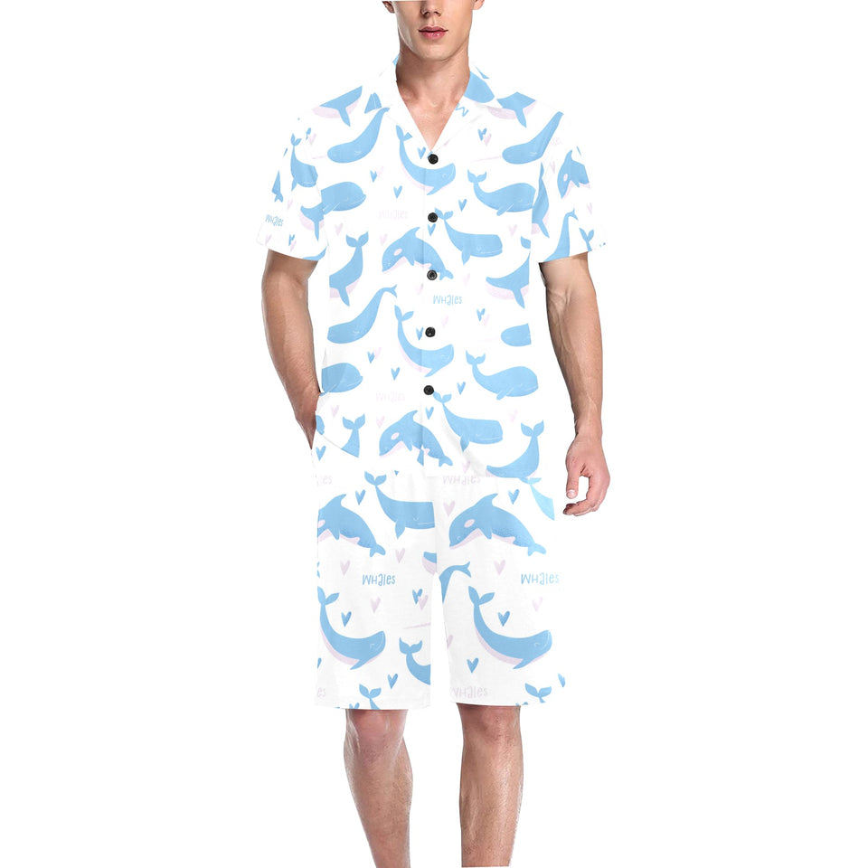Blue whale pattern Men's V-Neck Short Pajama Set