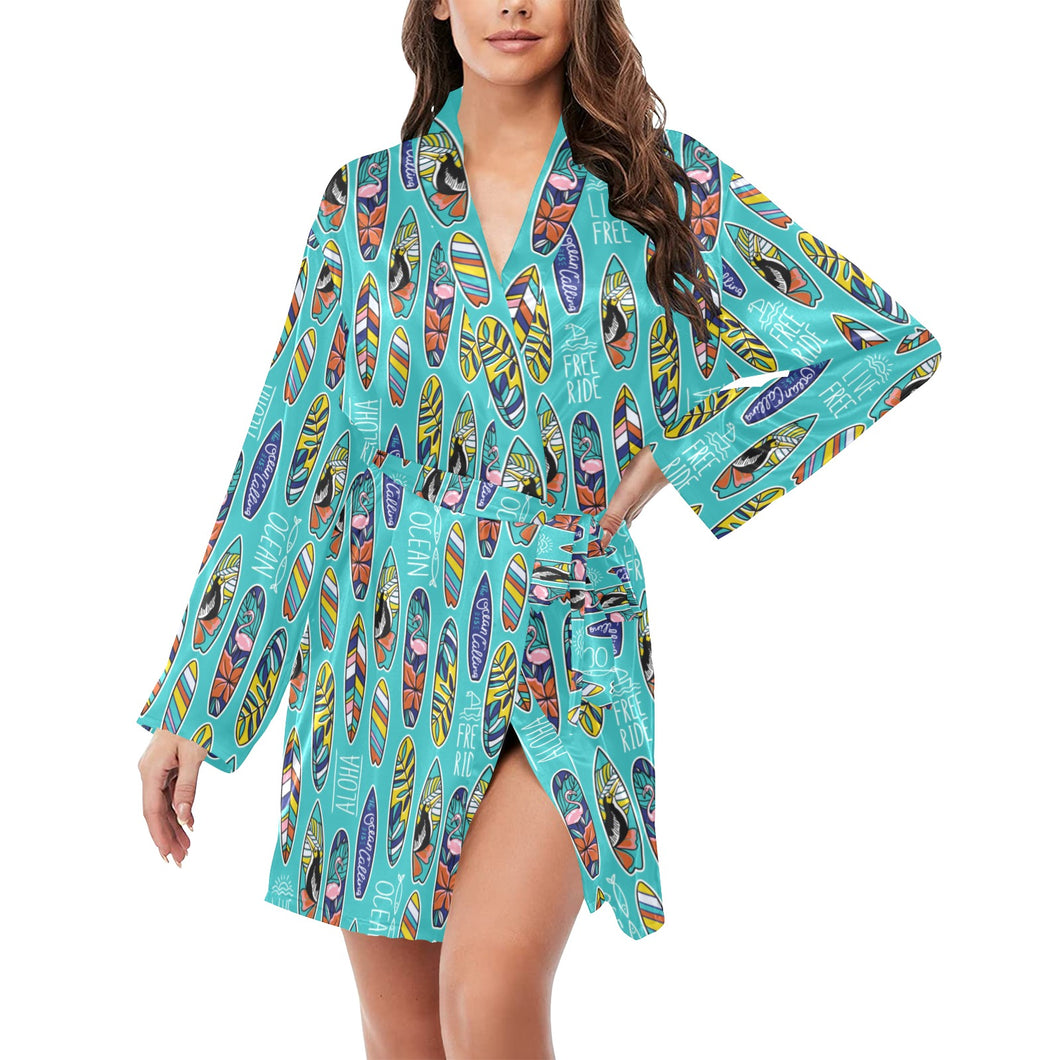 Surfboard Pattern Print Design 05 Women's Long Sleeve Belted Night Robe