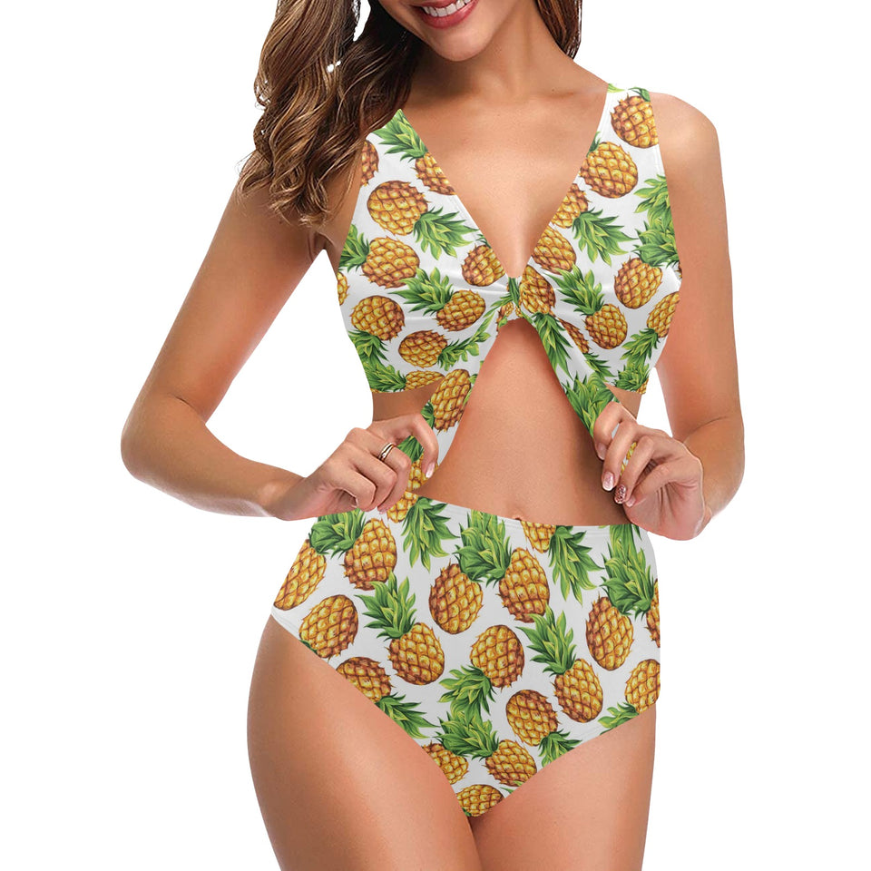 Pineapples design pattern Chest Bowknot High Waisted Bikini Swimsuit