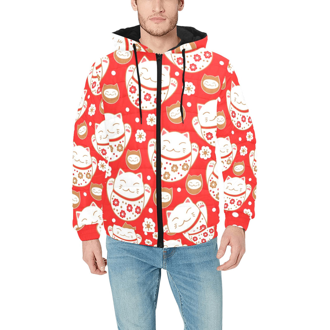 Cute Maneki neko cat red background Men's Padded Hooded Jacket
