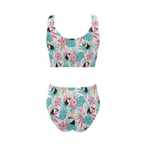 Toucan tropical flower leave pattern Chest Bowknot High Waisted Bikini Swimsuit