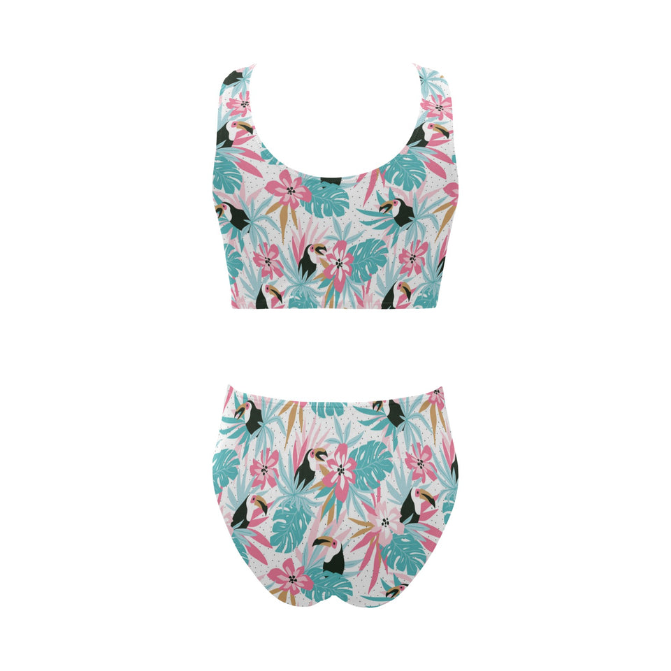 Toucan tropical flower leave pattern Chest Bowknot High Waisted Bikini Swimsuit
