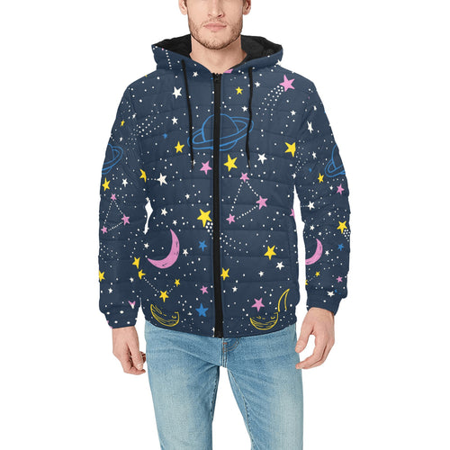 space pattern with planets, comets, constellations Men's Padded Hooded Jacket