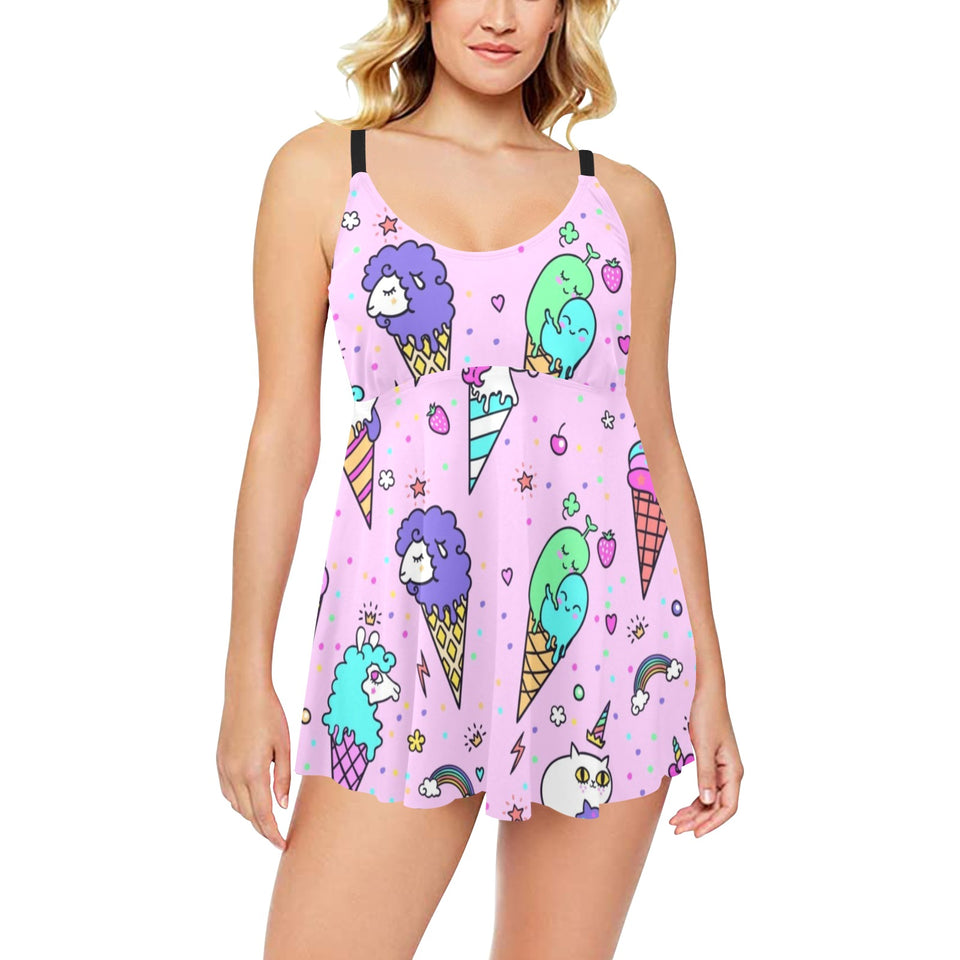 Cute ice cream cone animal pattern Chest Sexy Pleated Two Piece Swim Dress
