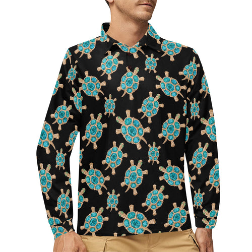 Sea turtle blue stone pattern Men's Long Sleeve Polo Shirt