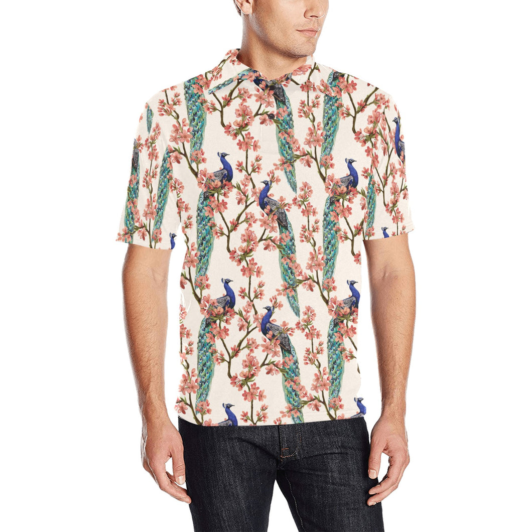 Peacock tropical flower pattern Men's All Over Print Polo Shirt