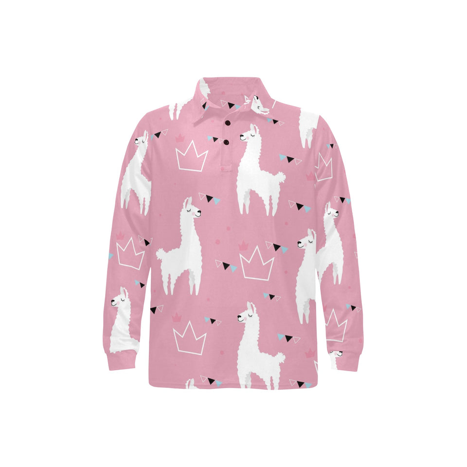 Llama Alpaca pink background Men's Long Sleeve Polo Shirt