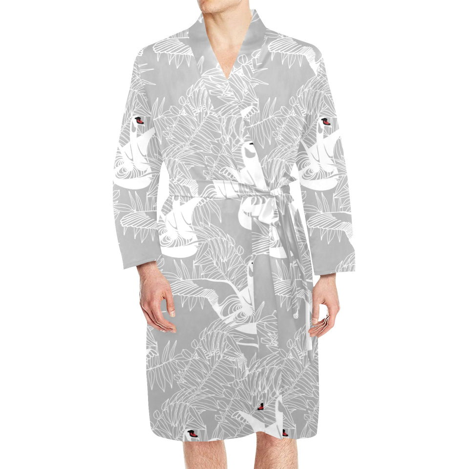 white swan gray background Men's Long Sleeve Belted Night Robe