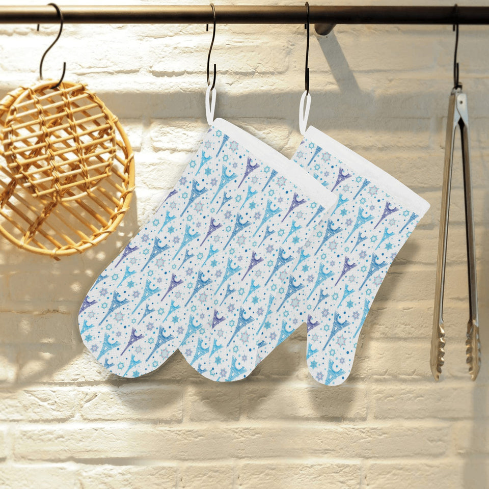 Blue Eiffel Tower Theme Pattern Print Design 01 Heat Resistant Oven Mitts
