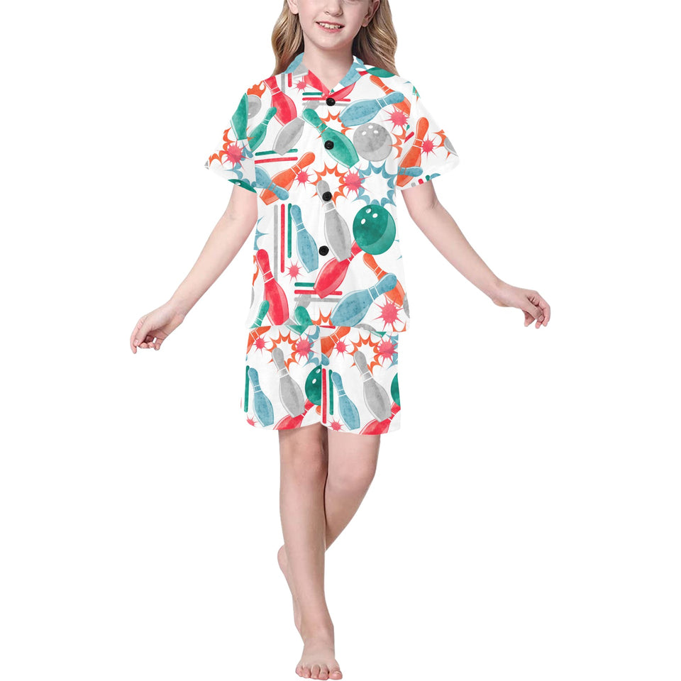 Watercolor bowling pattern Kids' Boys' Girls' V-Neck Short Pajama Set