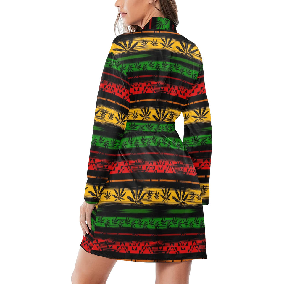 Canabis Marijuana Weed Pattern Print Design 04 Women's Long Sleeve Belted Night Robe