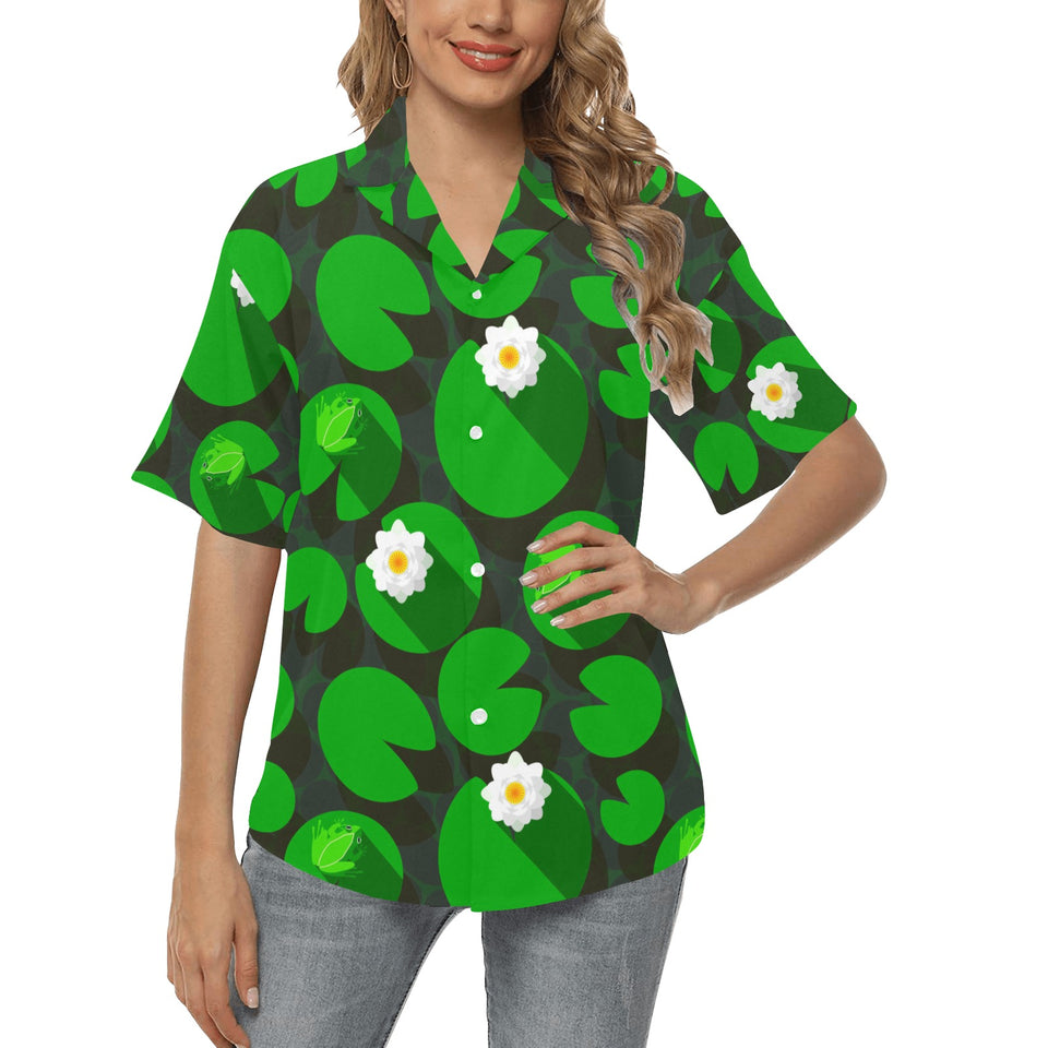 Frog waterlily pattern Women's All Over Print Hawaiian Shirt
