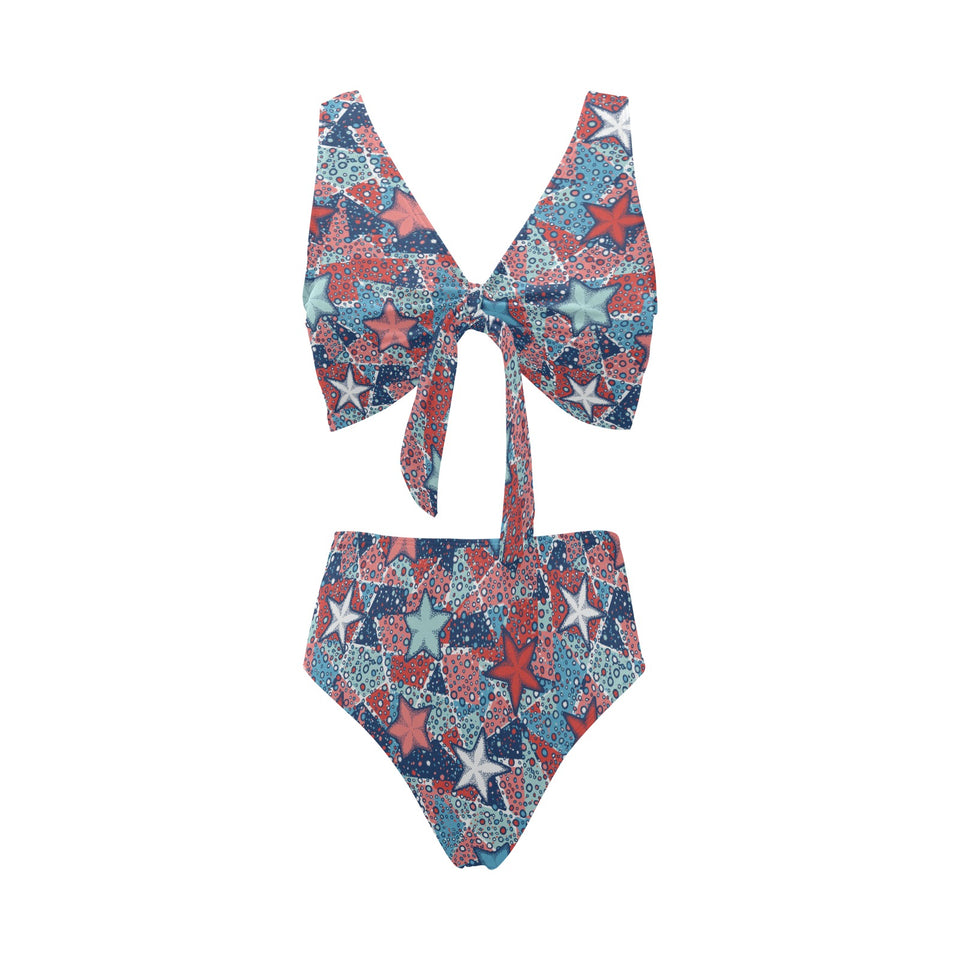 Hand drawn colorful starfish Chest Bowknot High Waisted Bikini Swimsuit