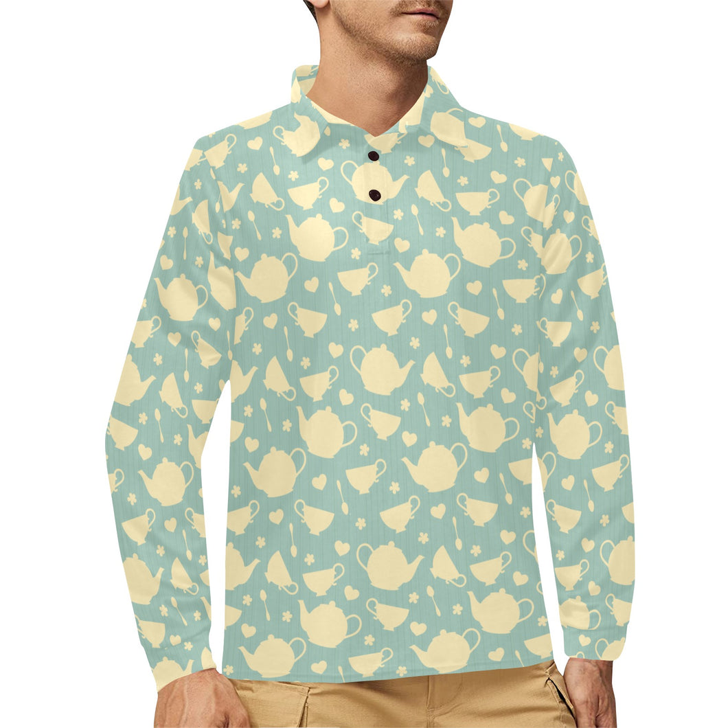 Tea pots Pattern Print Design 02 Men's Long Sleeve Polo Shirt