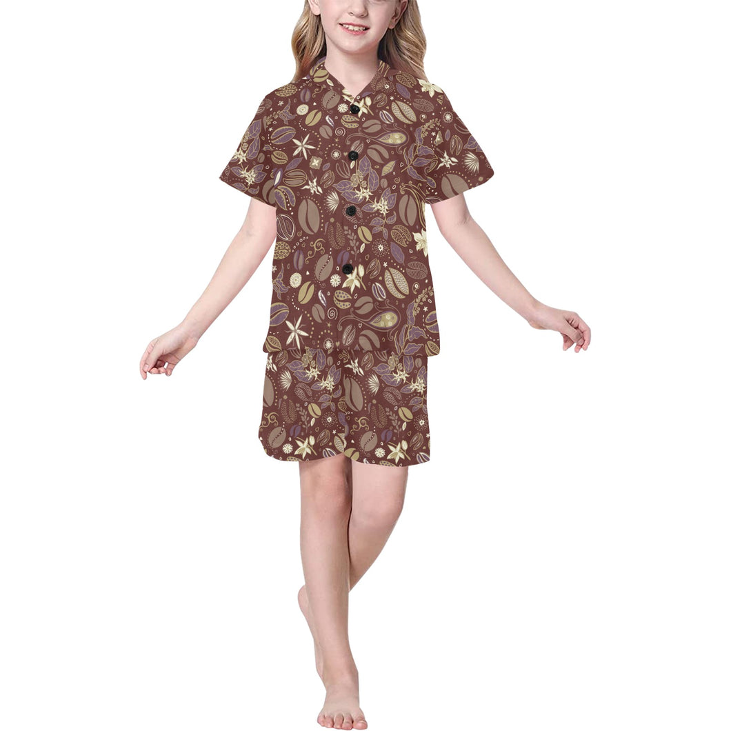 Coffee bean flower pattern Kids' Boys' Girls' V-Neck Short Pajama Set