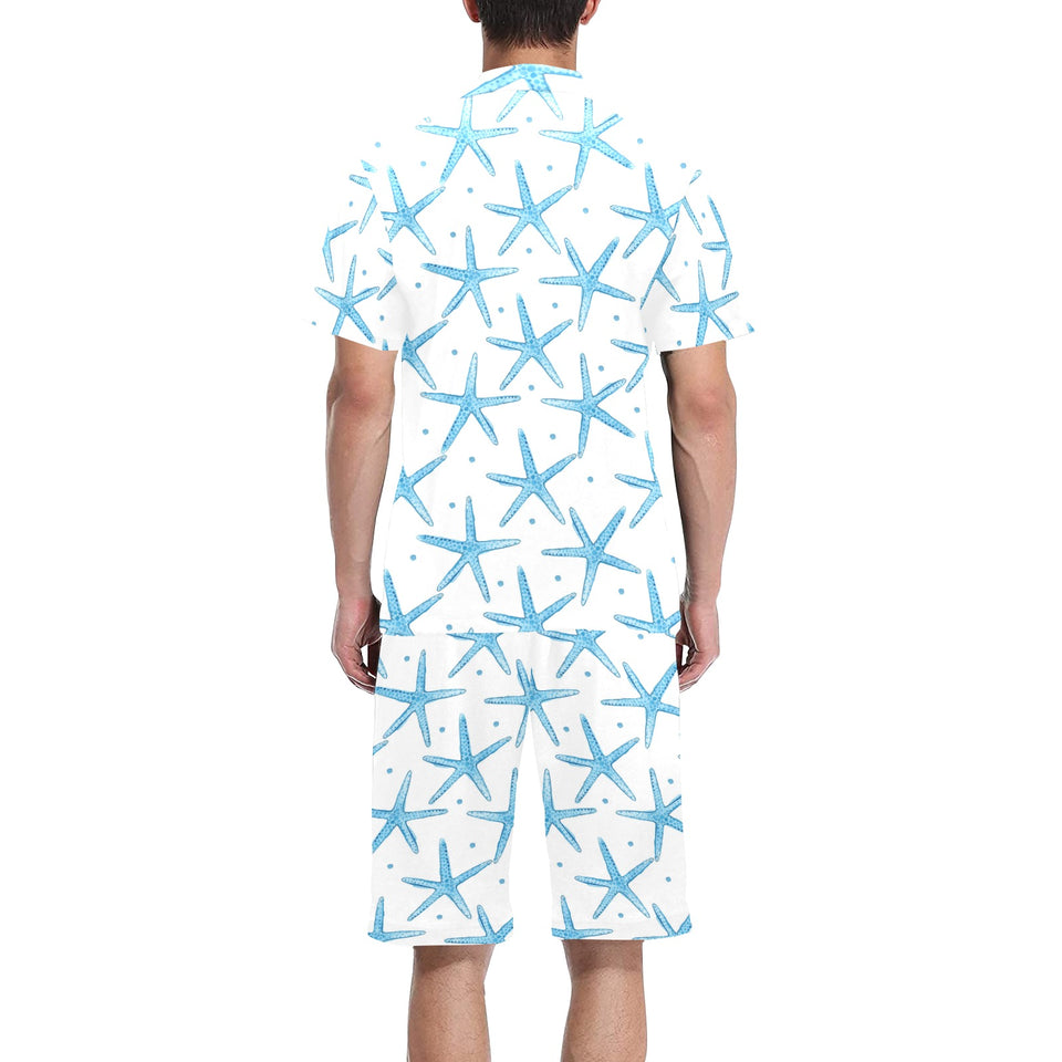 Watercolor starfish pattern Men's V-Neck Short Pajama Set