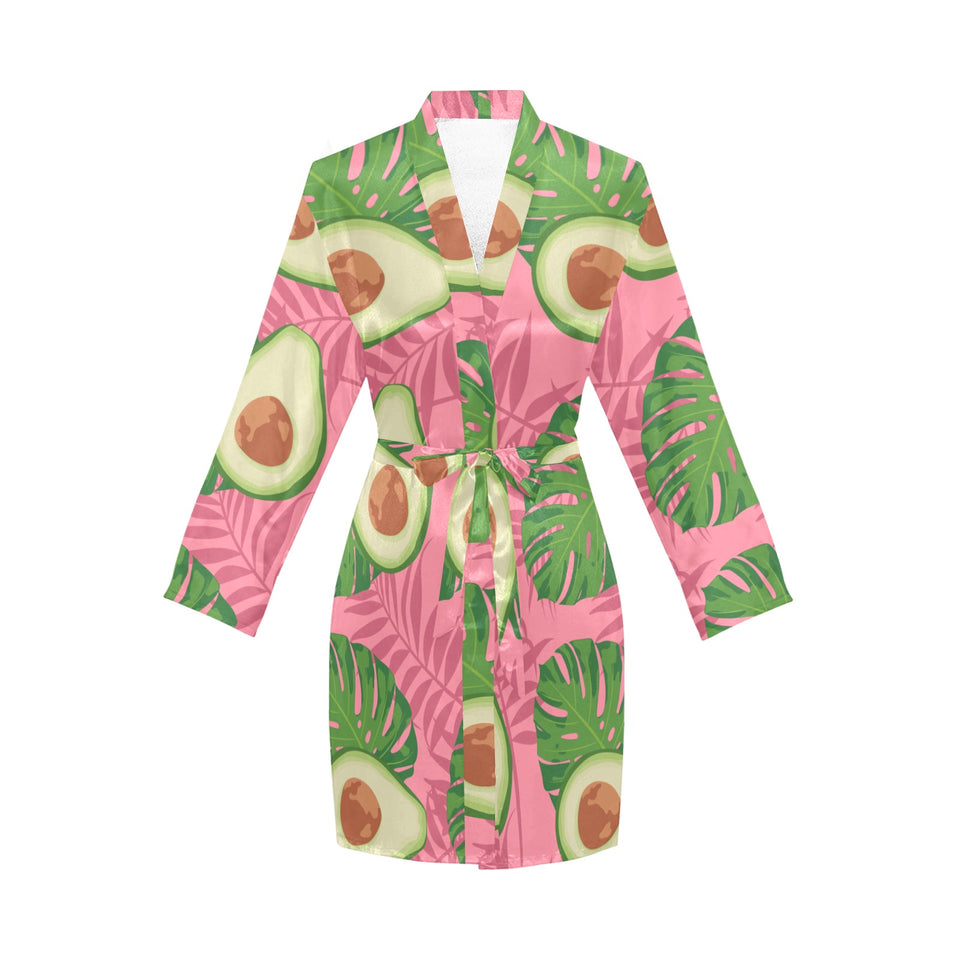 Avocado slices leaves pink back ground Women's Long Sleeve Belted Night Robe