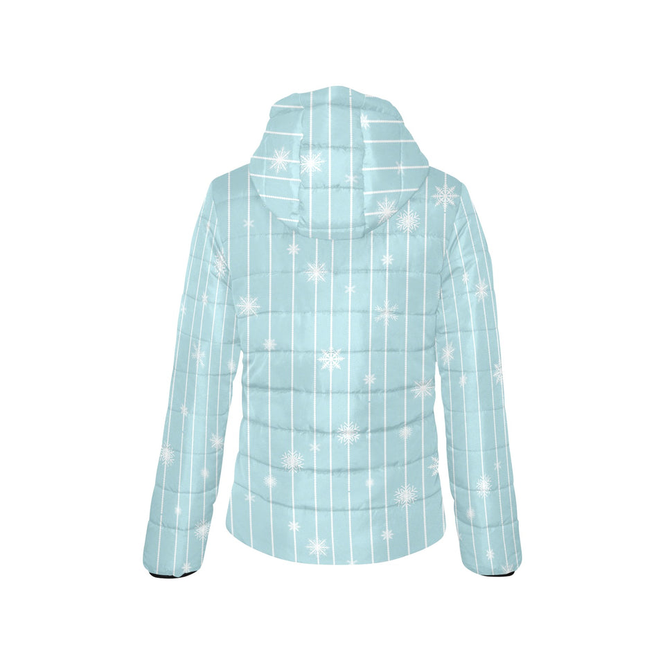 Snowflake pattern blue stripe background Women's Padded Hooded Jacket