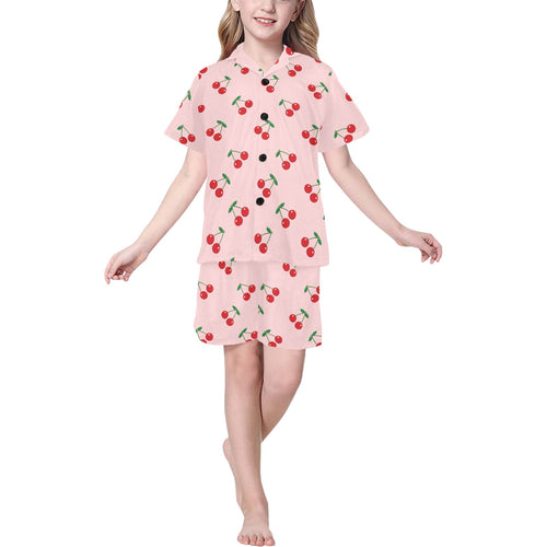 cherry pattern pink background Kids' Boys' Girls' V-Neck Short Pajama Set