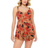Fire flame pattern Chest Sexy Pleated Two Piece Swim Dress