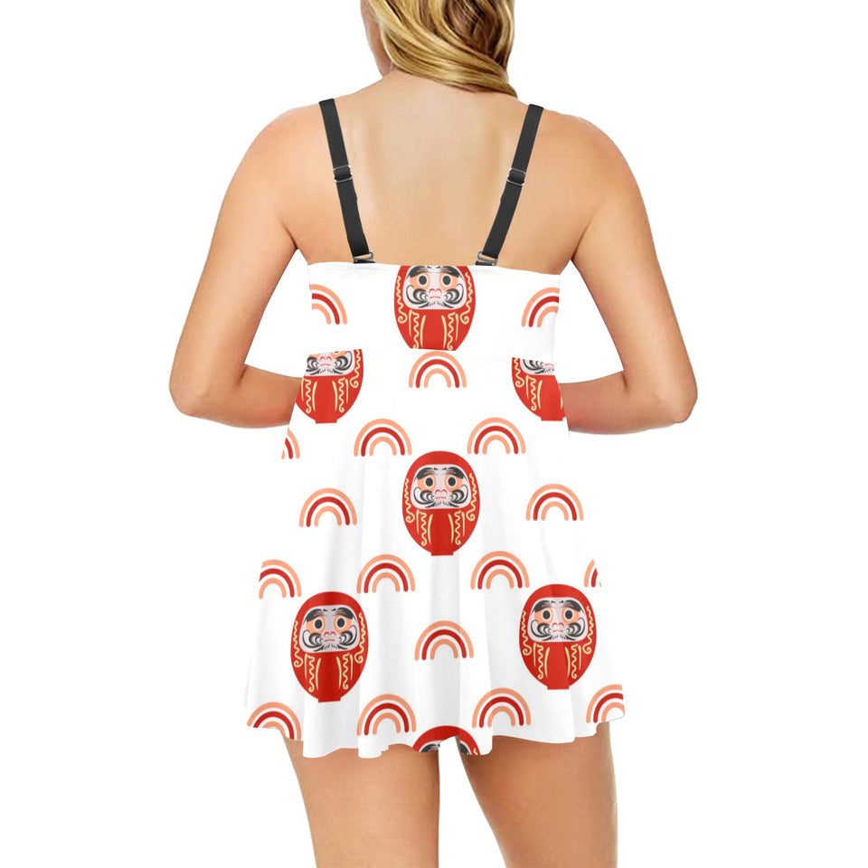 Daruma japanese wooden doll design pattern Chest Sexy Pleated Two Piece Swim Dress