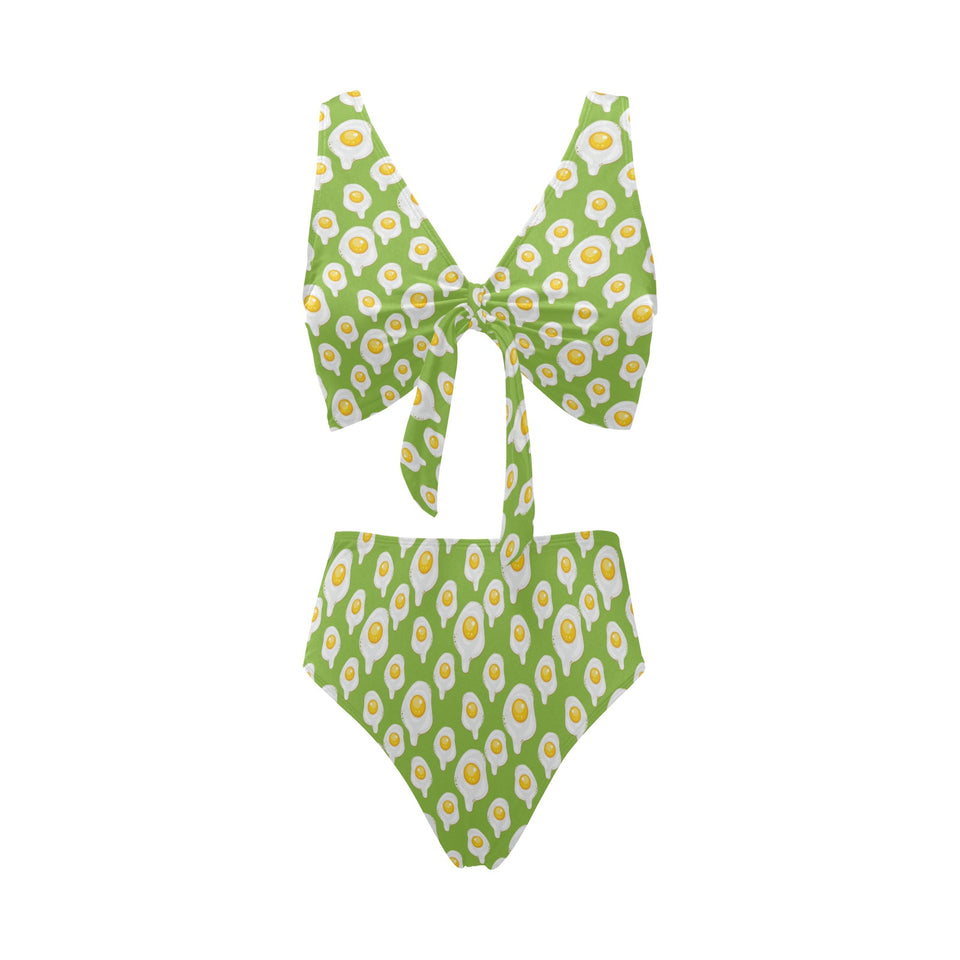 Fried Eggs Pattern Print Design 01 Chest Bowknot High Waisted Bikini Swimsuit