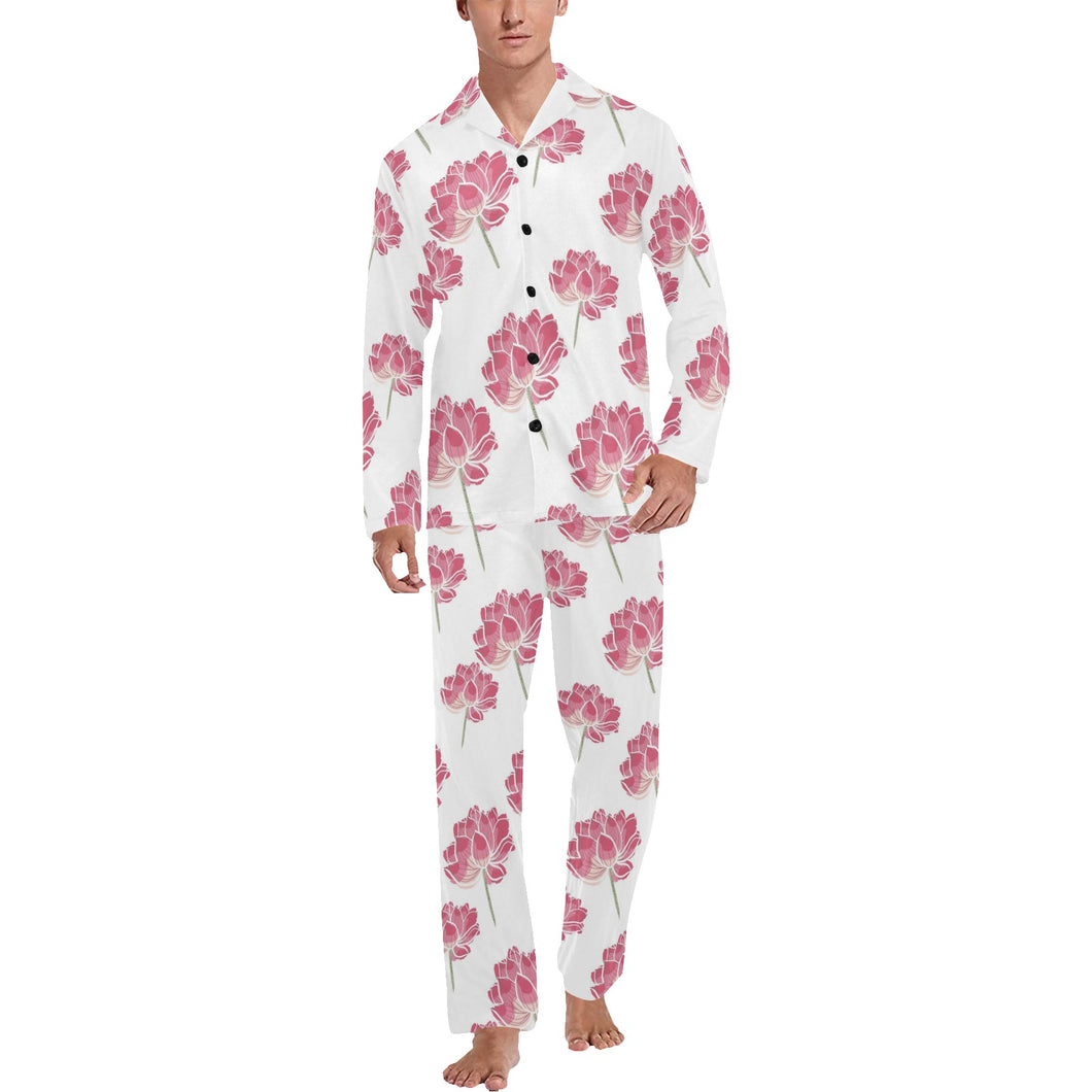 Pink lotus waterlily pattern Men's Long Pajama Set