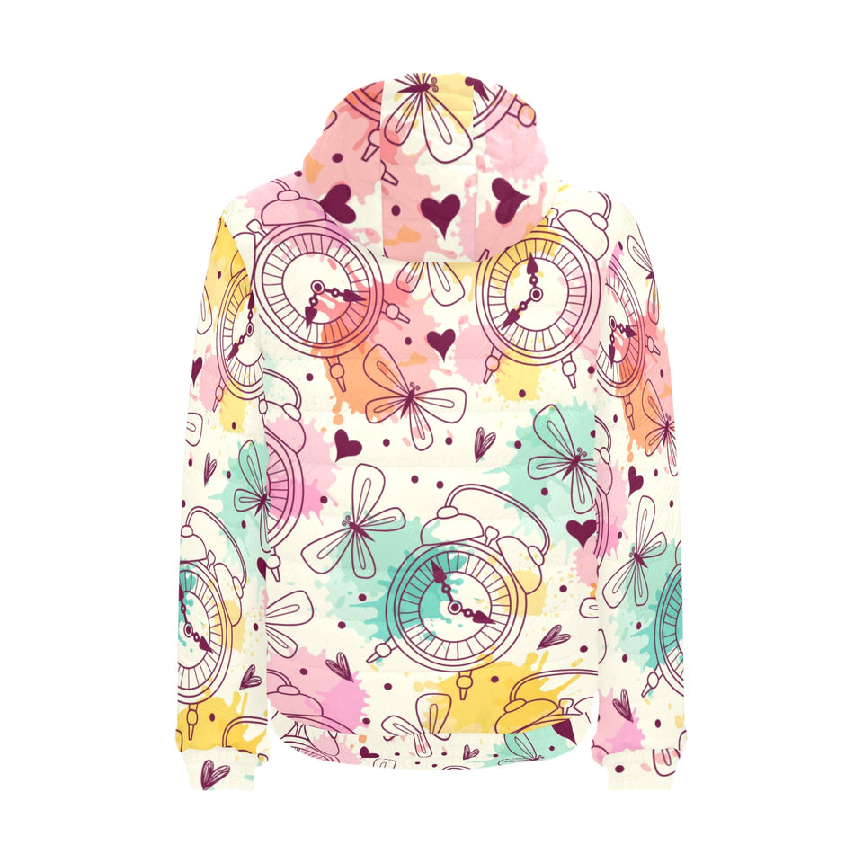 Clock butterfly pattern Men's Padded Hooded Jacket