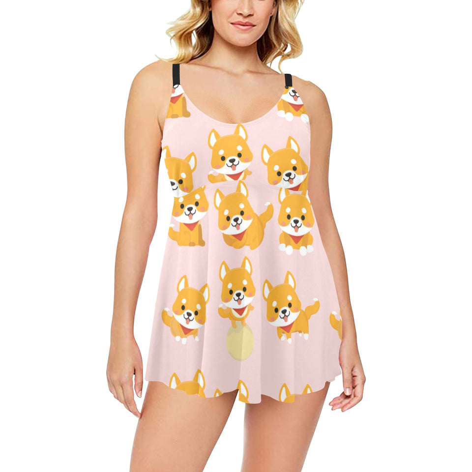 Cute shiba inu dog pattern Chest Sexy Pleated Two Piece Swim Dress
