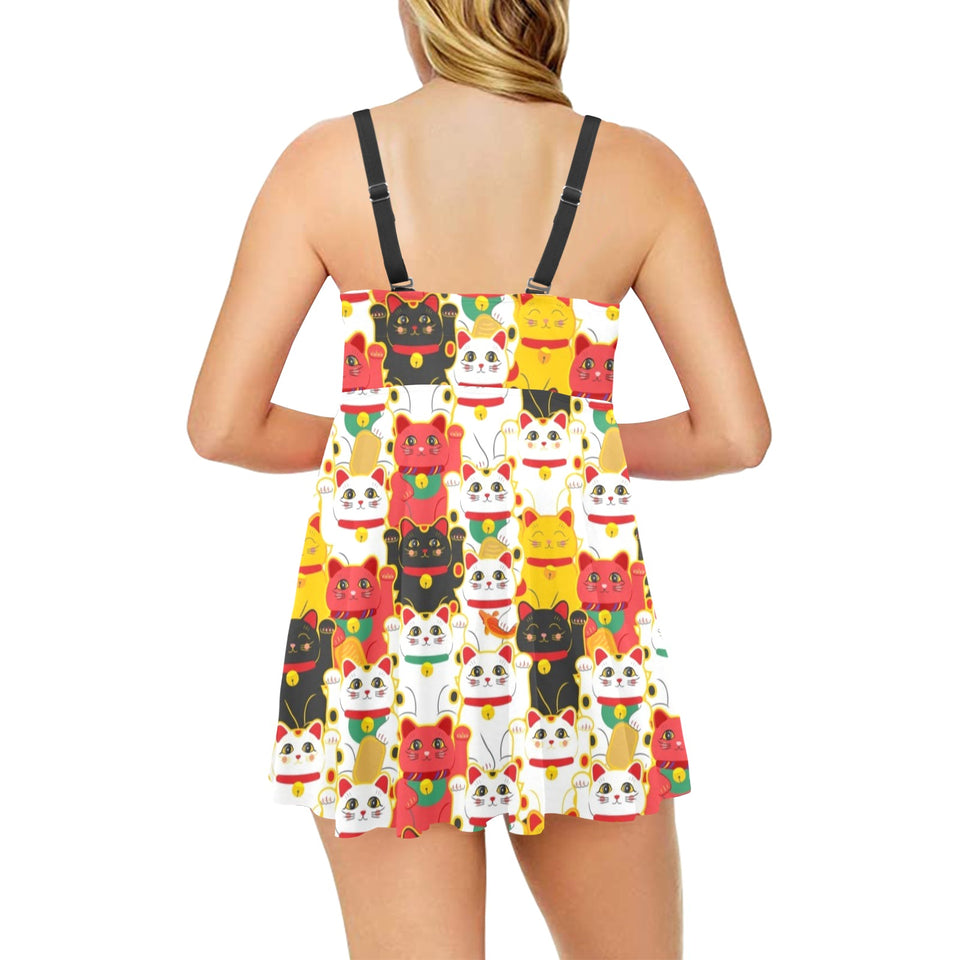 Colorful Maneki neko cat pattern Chest Sexy Pleated Two Piece Swim Dress