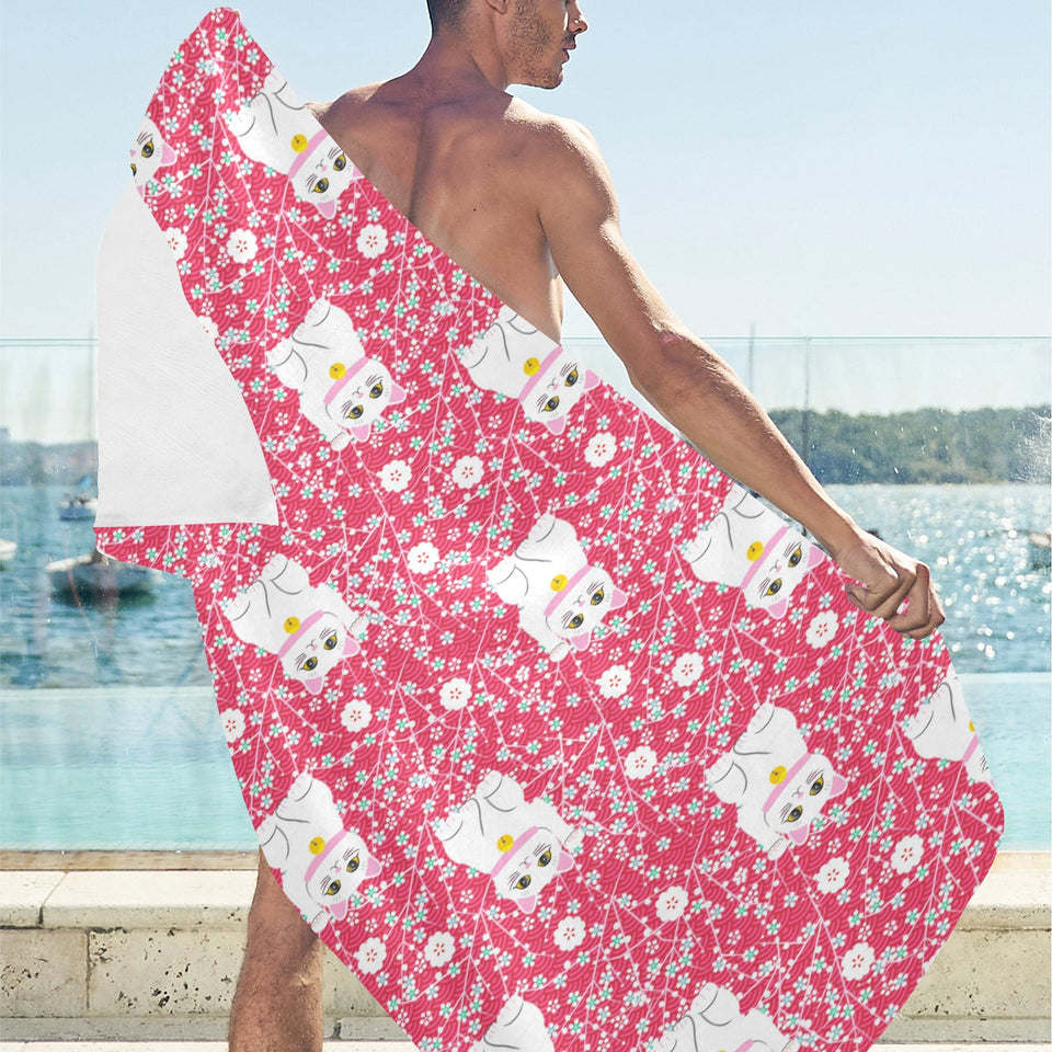 Maneki neko cat sakura pink background Beach Towel