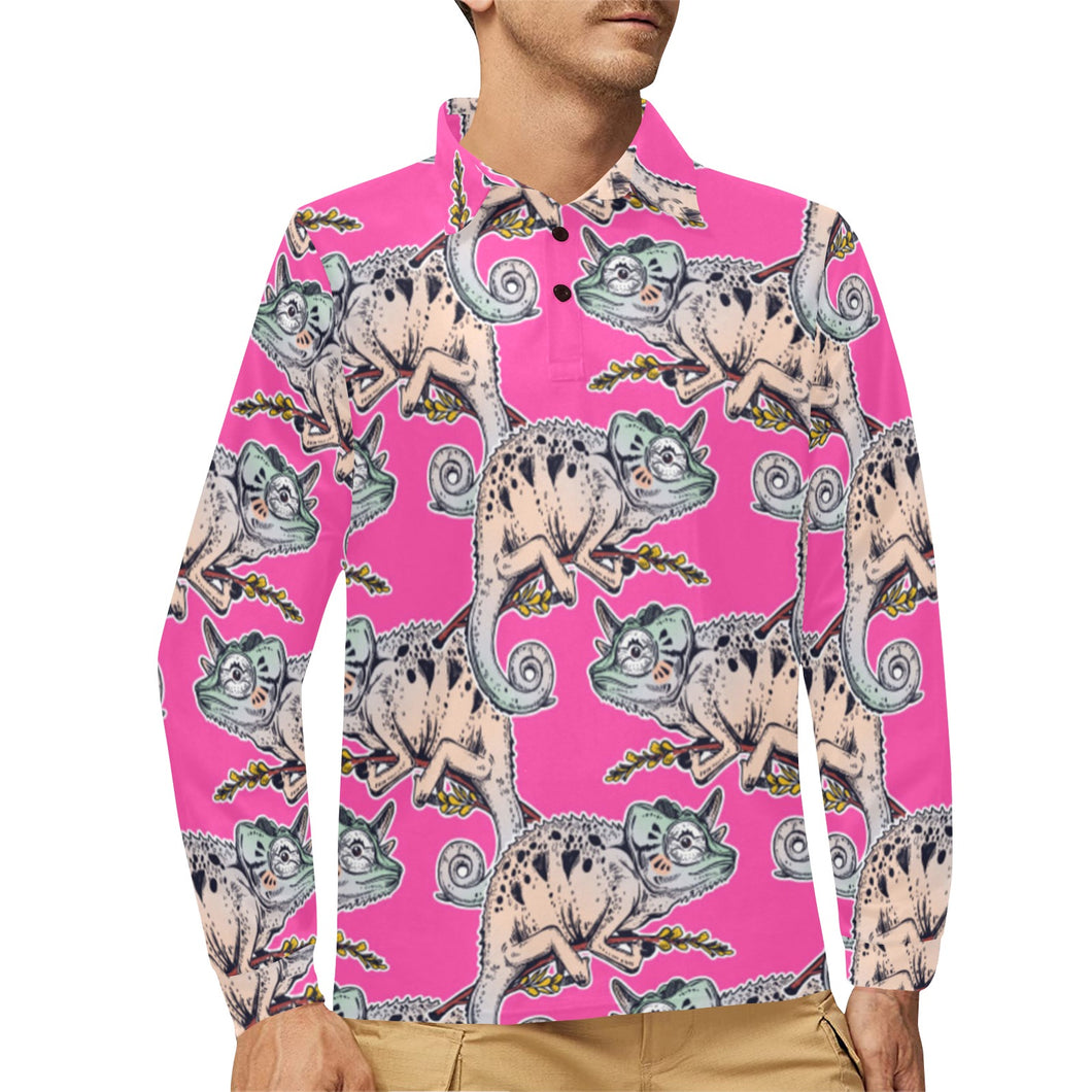 Chameleon lizard pattern pink background Men's Long Sleeve Polo Shirt