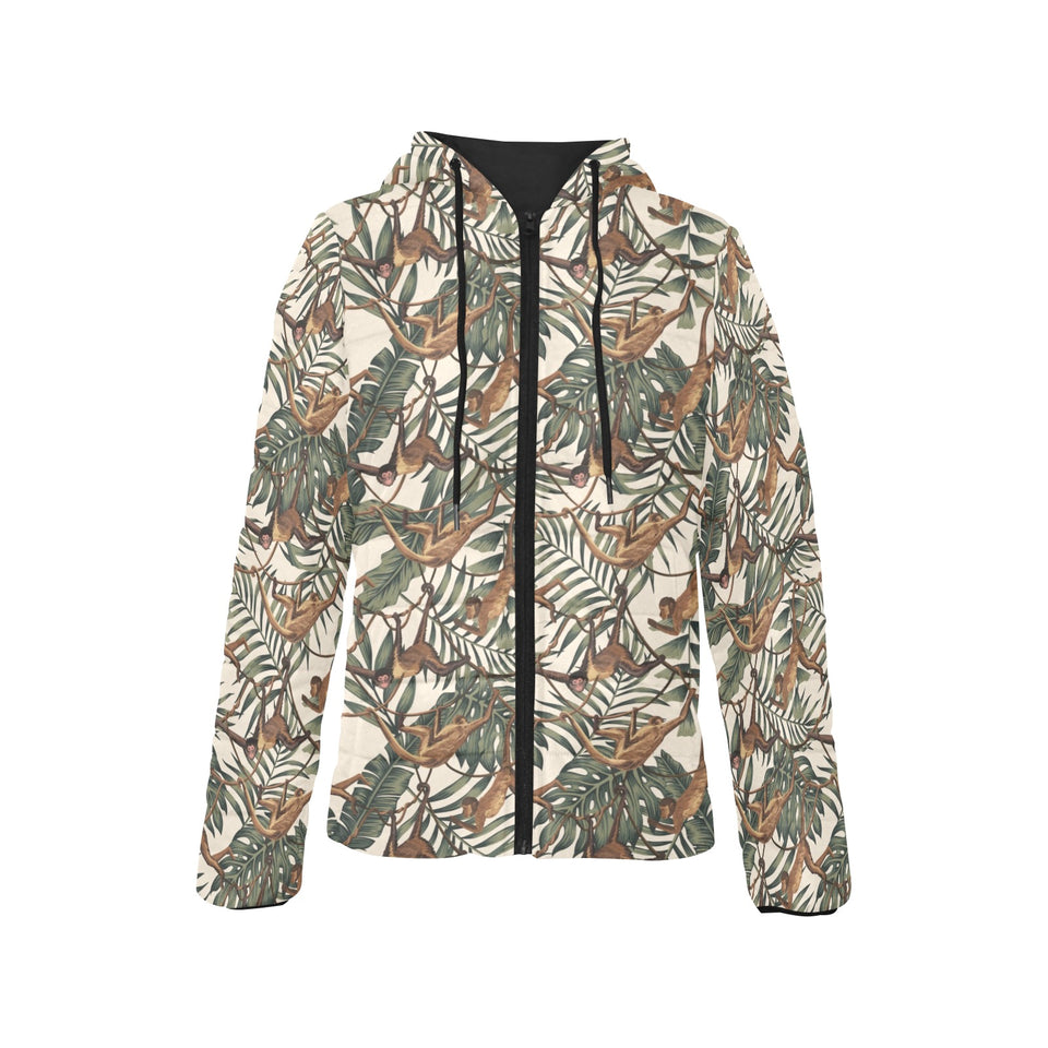 Monkey tropical leaves background Women's Padded Hooded Jacket