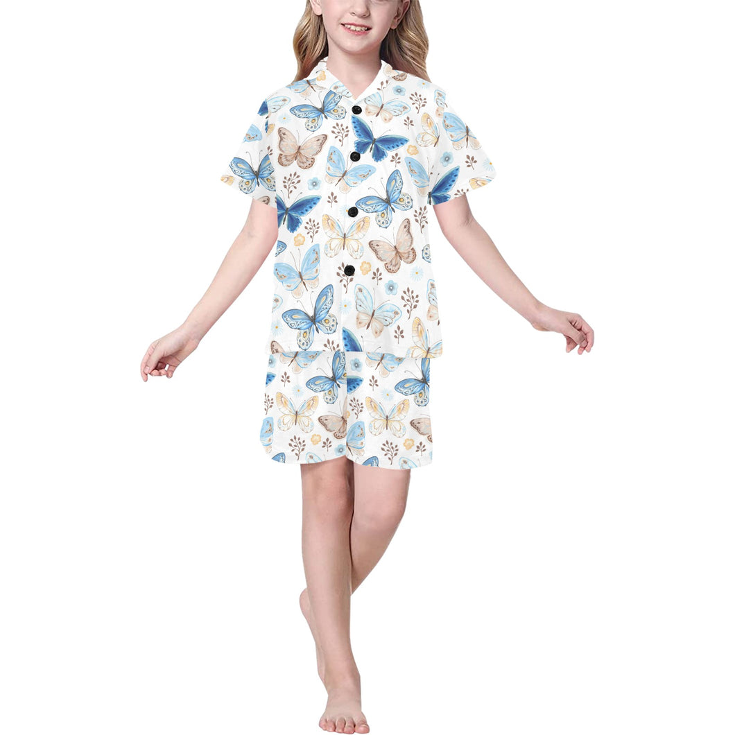 blue butterfly pattern Kids' Boys' Girls' V-Neck Short Pajama Set
