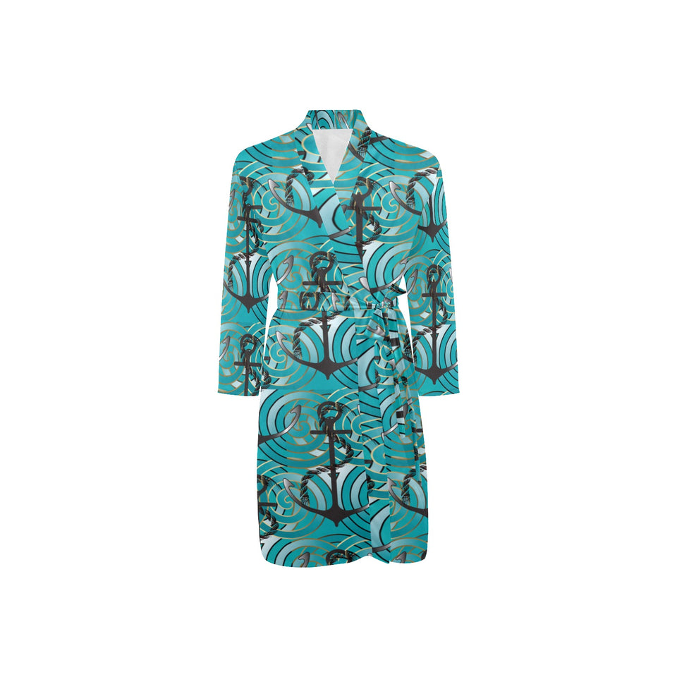 Anchor nautical green background Men's Long Sleeve Belted Night Robe