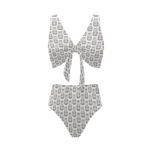 Hippopotamus Pattern Print Design 05 Chest Bowknot High Waisted Bikini Swimsuit