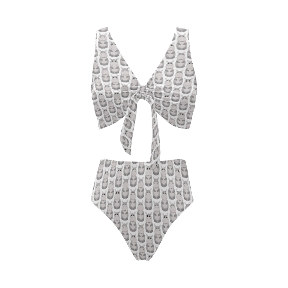 Hippopotamus Pattern Print Design 05 Chest Bowknot High Waisted Bikini Swimsuit