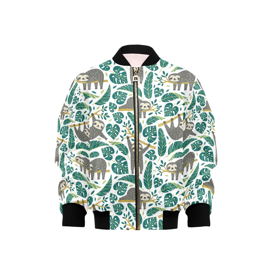 Cute sloths tropical palm leaves white background Kids' Boys' Girls' Bomber Jacket