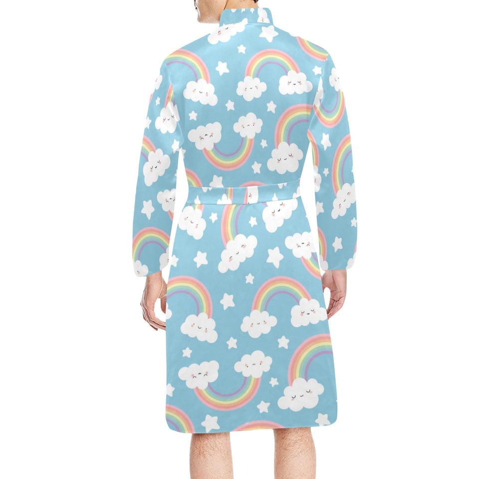 Cute rainbow clound star pattern blue background Men's Long Sleeve Belted Night Robe
