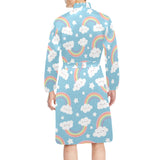 Cute rainbow clound star pattern blue background Men's Long Sleeve Belted Night Robe