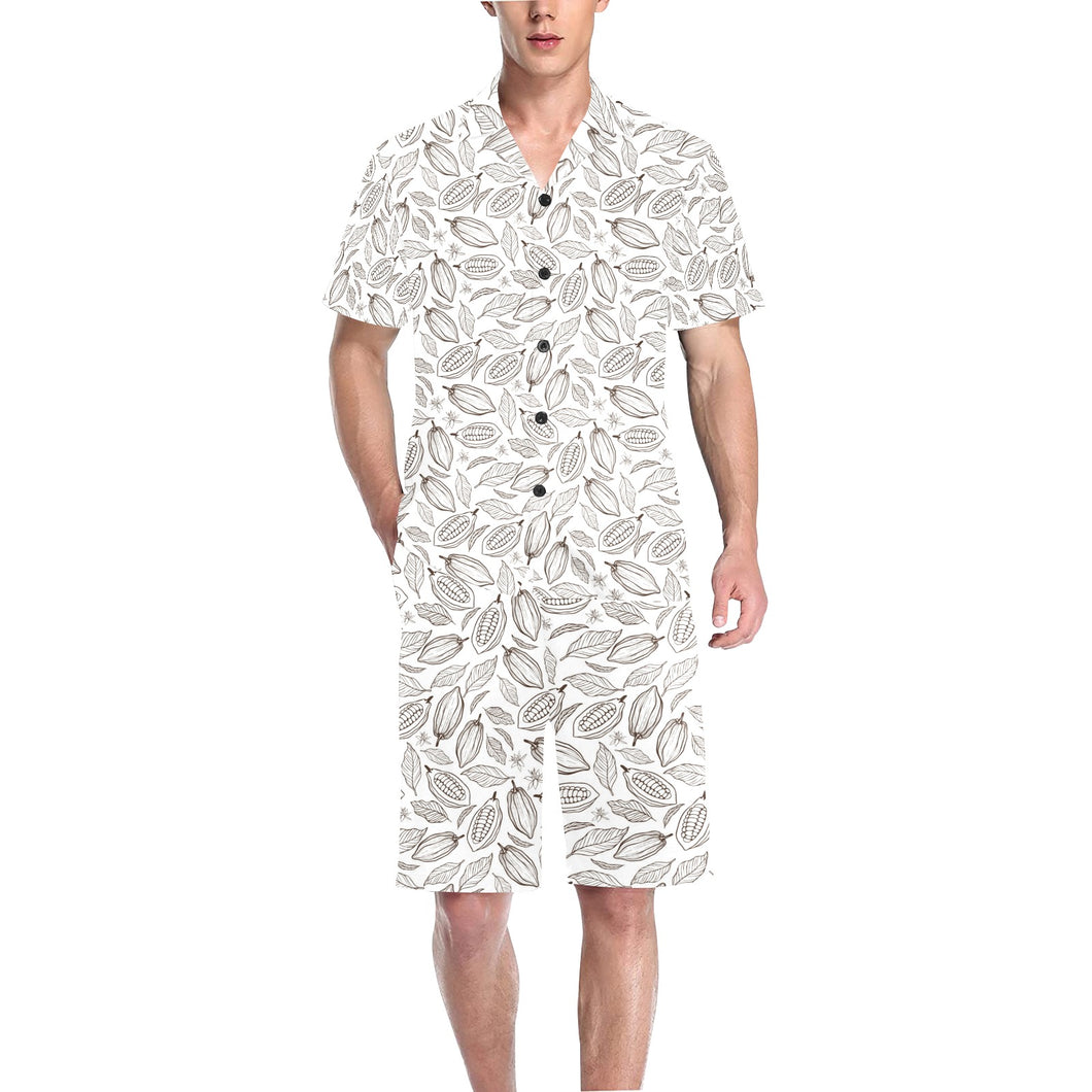 cacao beans leaves pattern Men's V-Neck Short Pajama Set