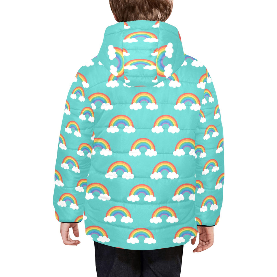 Rainbow pattern green background Kids' Boys' Girls' Padded Hooded Jacket