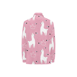 Llama Alpaca pink background Women's Long Sleeve Polo Shirt