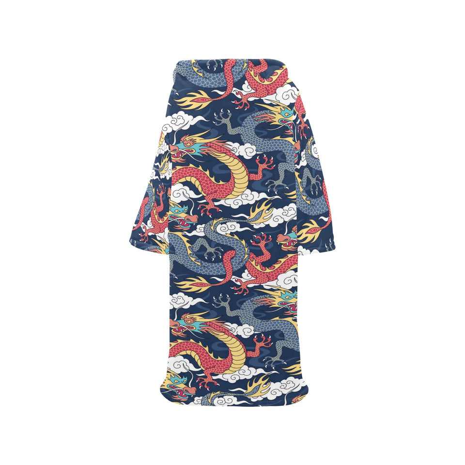 Blue red dragon cloud pattern Blanket Robe with Sleeves