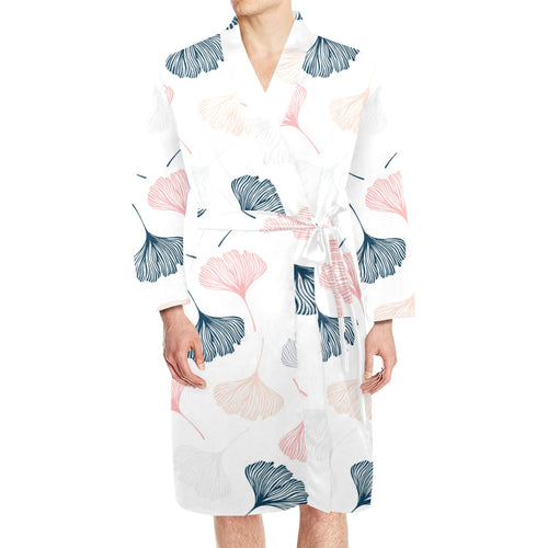 Black Gray Cream coral ginkgo leaves pattern Men's Long Sleeve Belted Night Robe