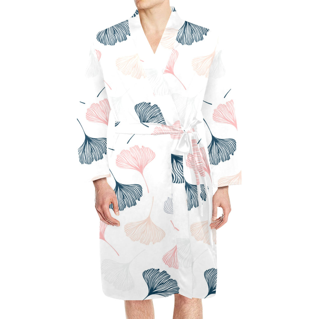 Black Gray Cream coral ginkgo leaves pattern Men's Long Sleeve Belted Night Robe
