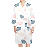 Black Gray Cream coral ginkgo leaves pattern Men's Long Sleeve Belted Night Robe